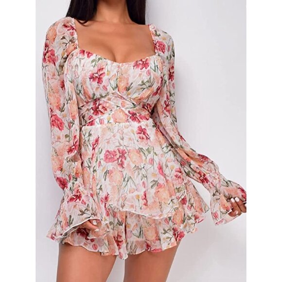 Pink Floral Rose Print Chiffon Ruffle Long Sleeve Romper Short Jumpsuit Playsuit - Picture 1 of 8